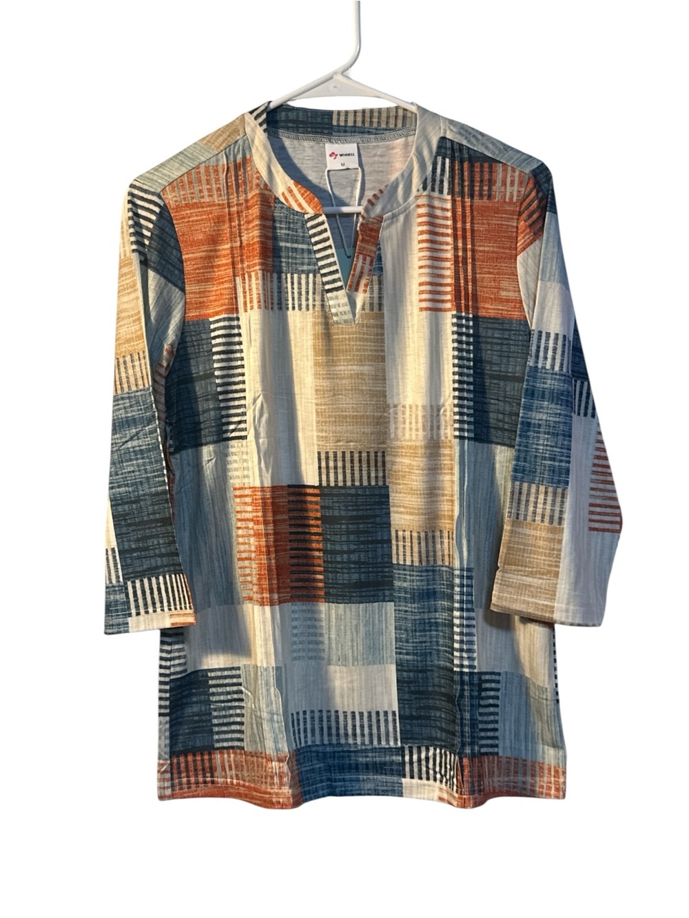 Relaxed Patchwork Henley Long-Sleeve Shirt in Blue, Rust & Cream